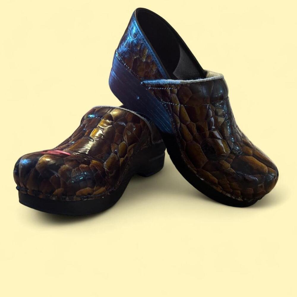 Dansko brown croc patent leather